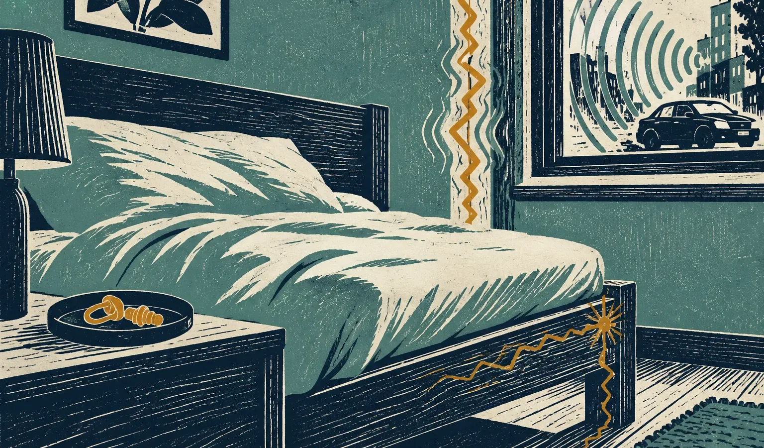 Illustration gravée d’une chambre exposée aux bruits de la rue et du bâti