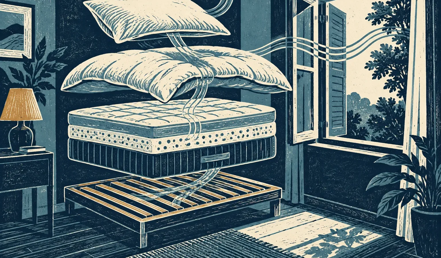 Illustration gravée montrant oreillers, couette, matelas, sommier et fenêtre