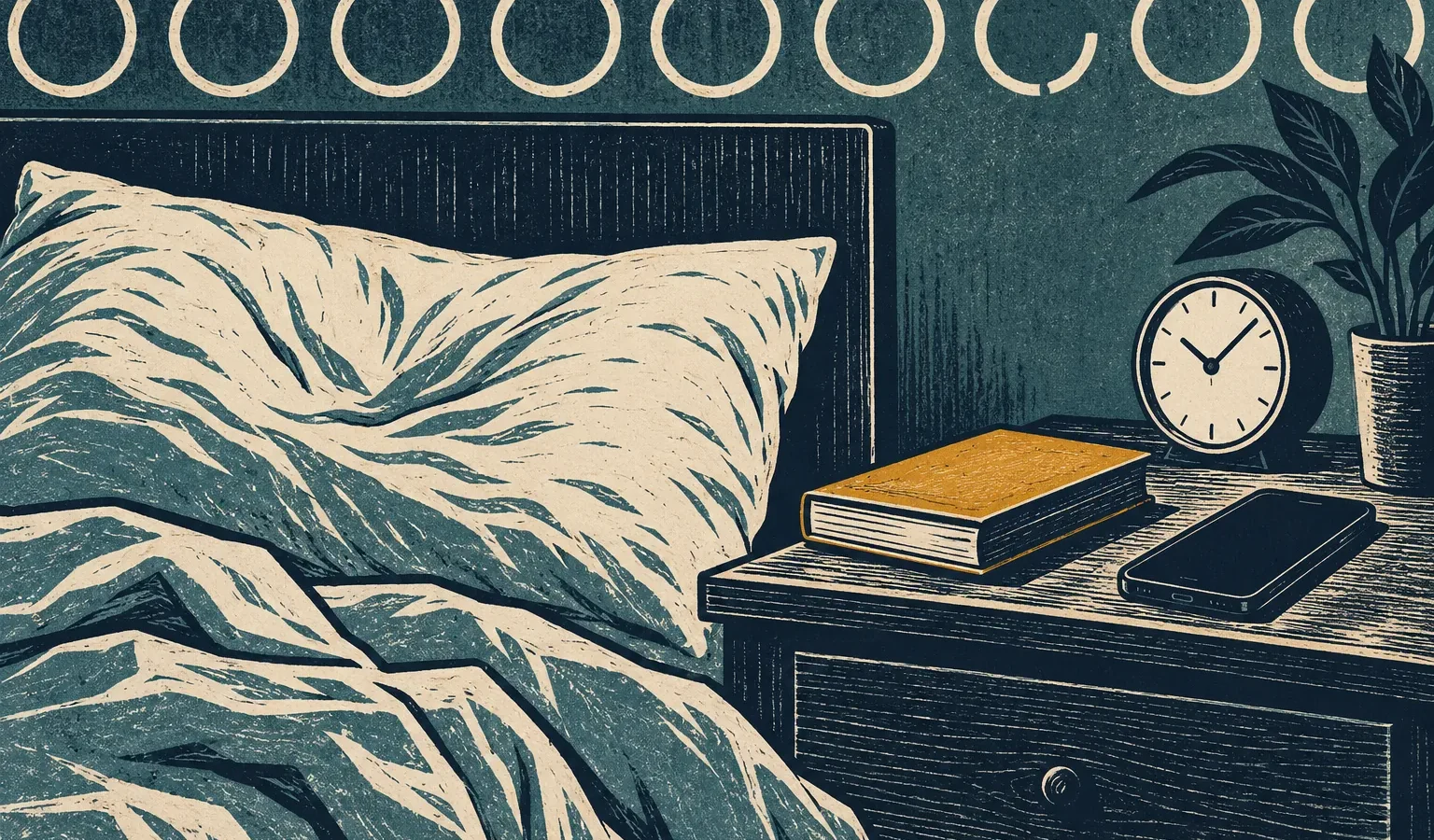 Illustration gravée d’un chevet avec horloge, livre fermé et téléphone retourné