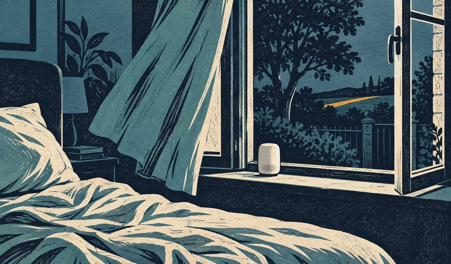 Illustration gravée d’une chambre avec un lit et une fenêtre ouverte