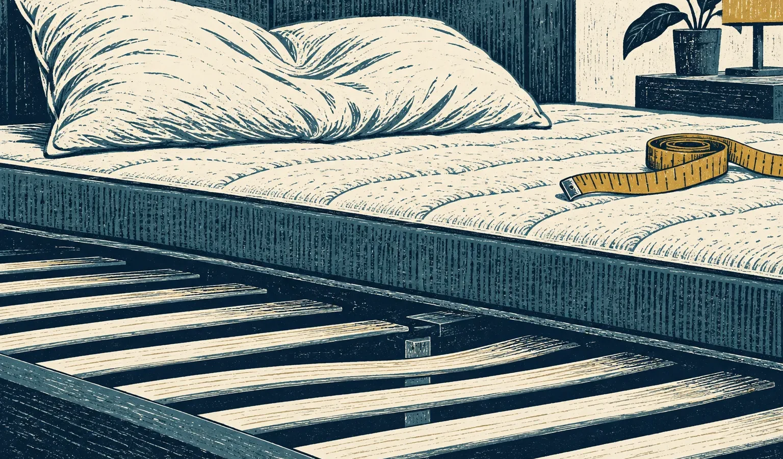 Illustration gravée d’un oreiller, d’un matelas et de lattes à contrôler
