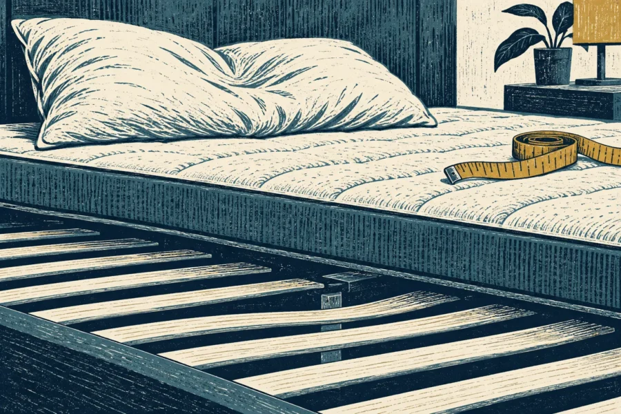Illustration gravée d’un oreiller, d’un matelas et de lattes à contrôler