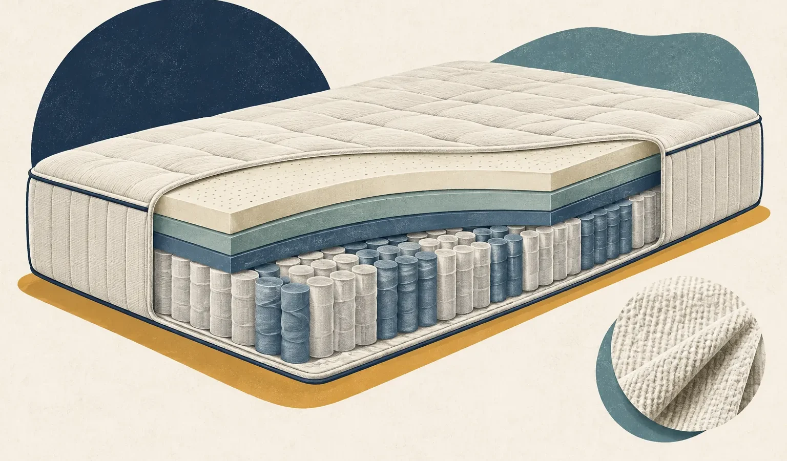 Illustration éditoriale d’un matelas hybride en coupe avec mousses et ressorts ensachés