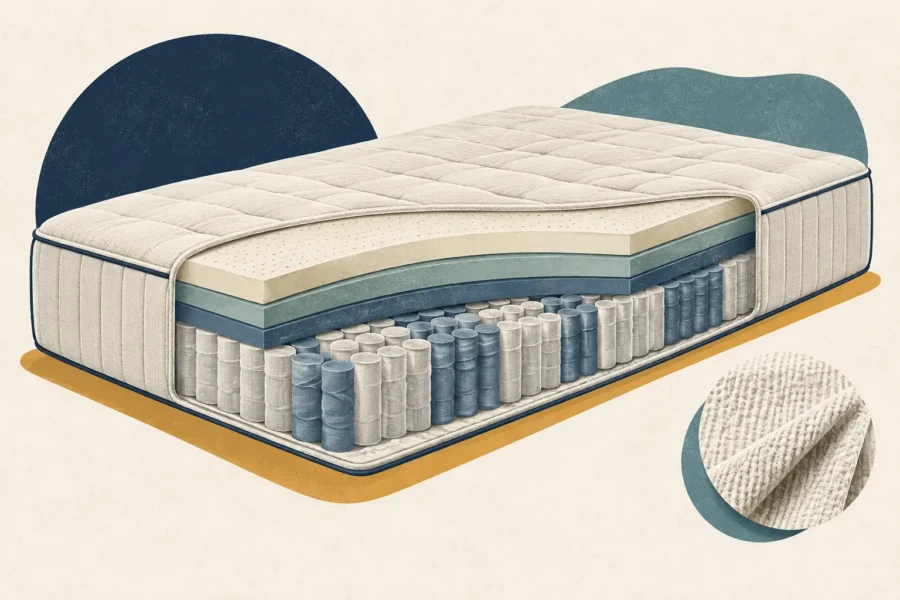 Illustration éditoriale d’un matelas hybride en coupe avec mousses et ressorts ensachés