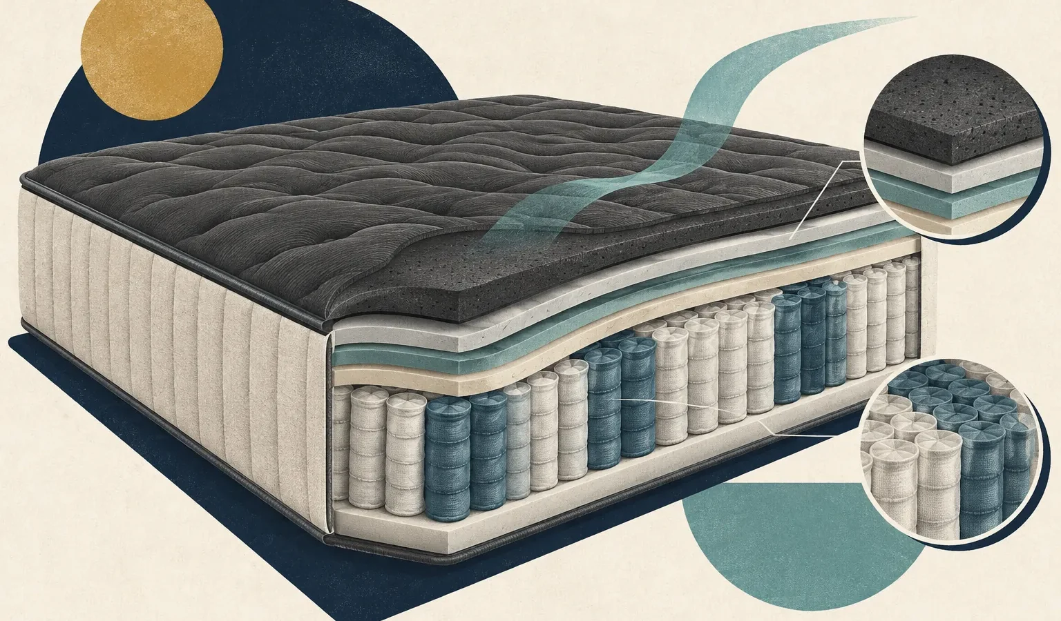 Illustration éditoriale d’un matelas hybride en coupe avec couche sombre et ressorts ensachés