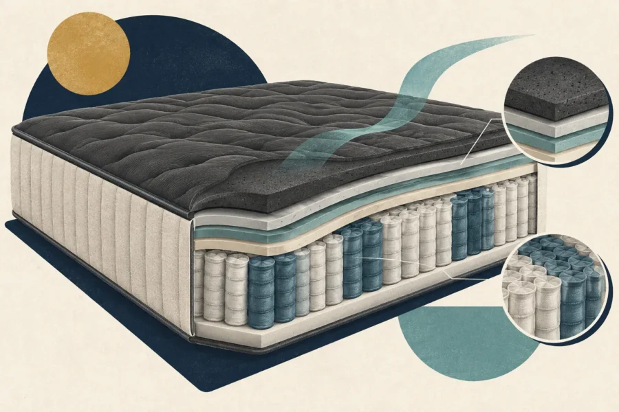 Illustration éditoriale d’un matelas hybride en coupe avec couche sombre et ressorts ensachés