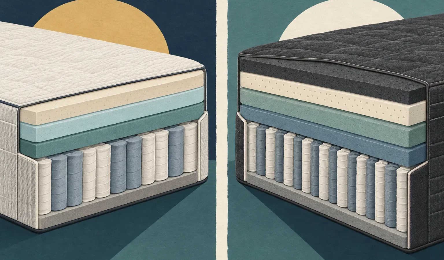 Diptyque éditorial comparant deux constructions de matelas hybrides en coupe