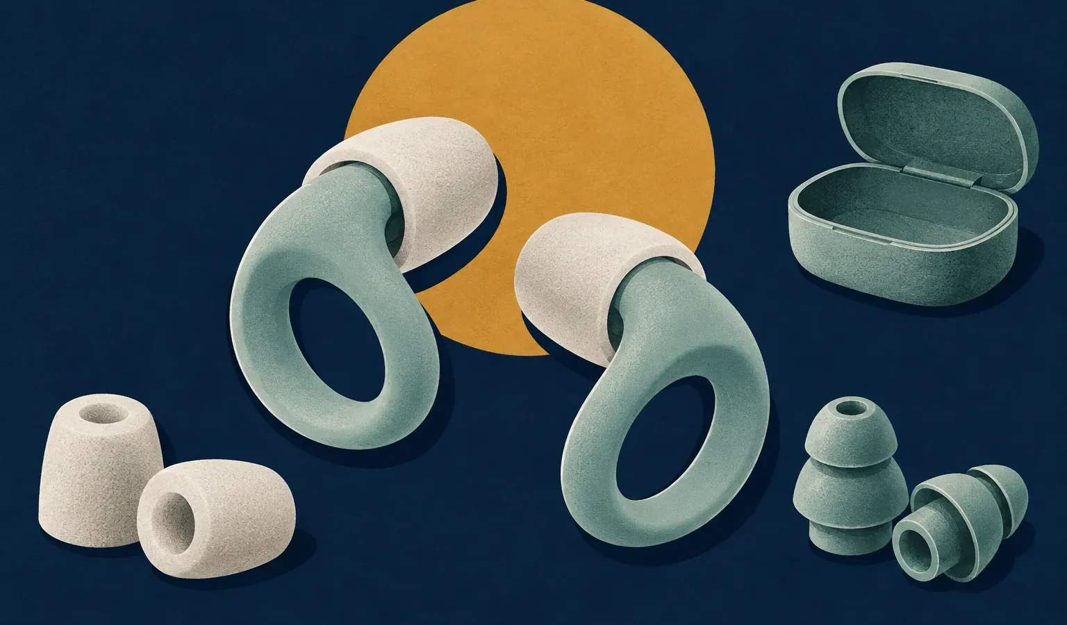 Illustration éditoriale de bouchons d’oreille à profil bas avec deux types d’embouts