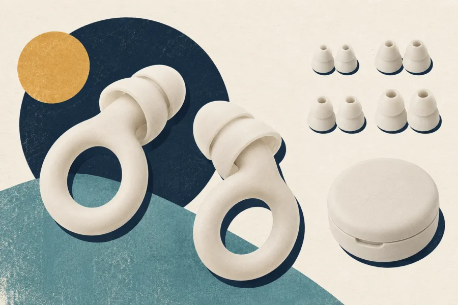 Illustration éditoriale de bouchons d’oreille en silicone avec plusieurs tailles d’embouts
