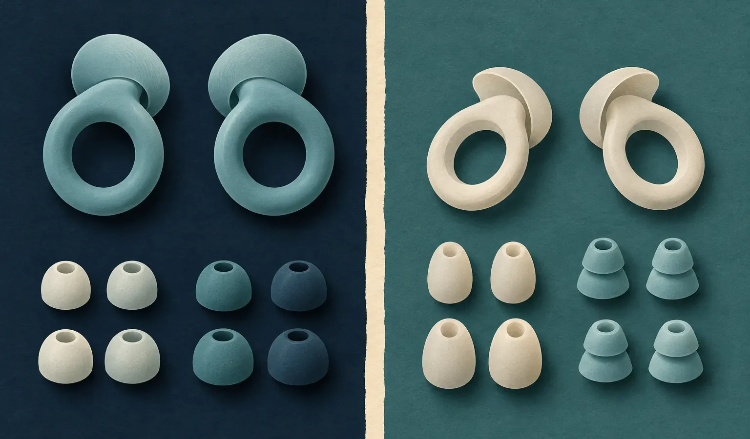 Diptyque éditorial comparant deux formes de bouchons d’oreille et leurs embouts