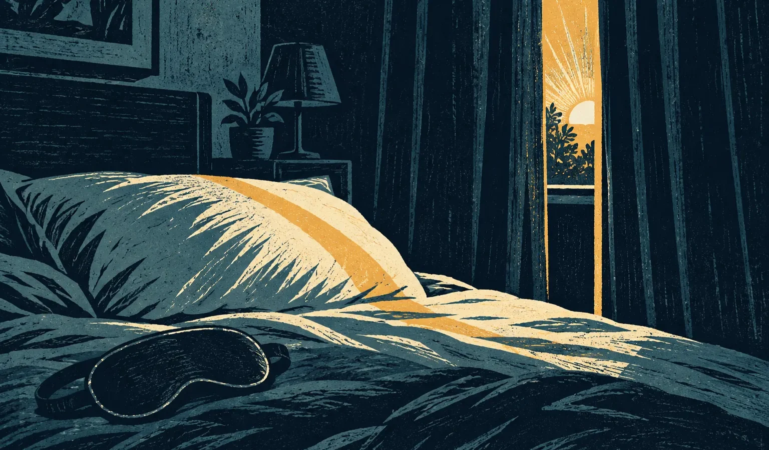 Illustration gravée d’un rayon de lumière traversant des rideaux et un masque de sommeil