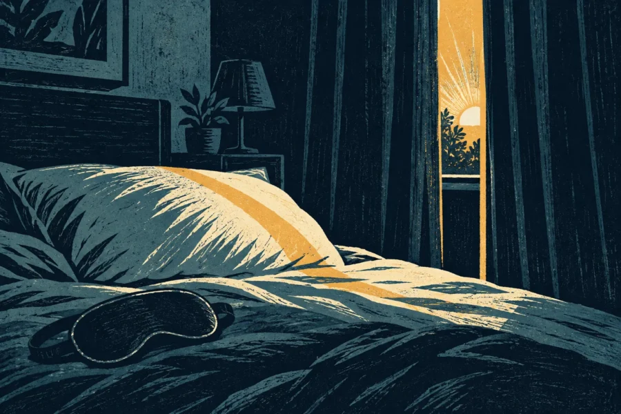 Illustration gravée d’un rayon de lumière traversant des rideaux et un masque de sommeil