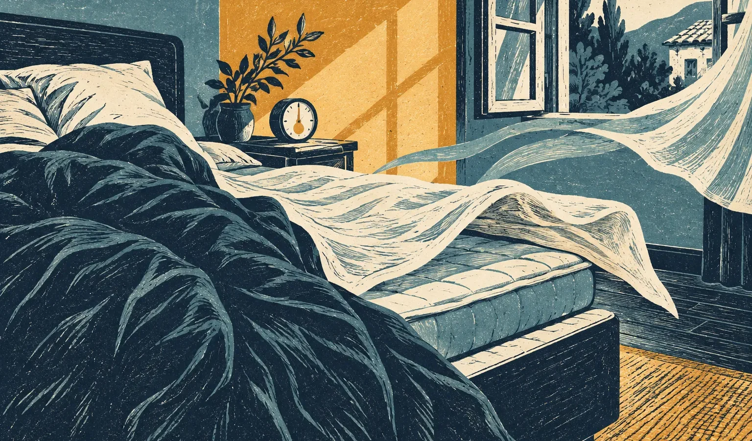 Illustration gravée d’une couette repoussée près d’une fenêtre ouverte
